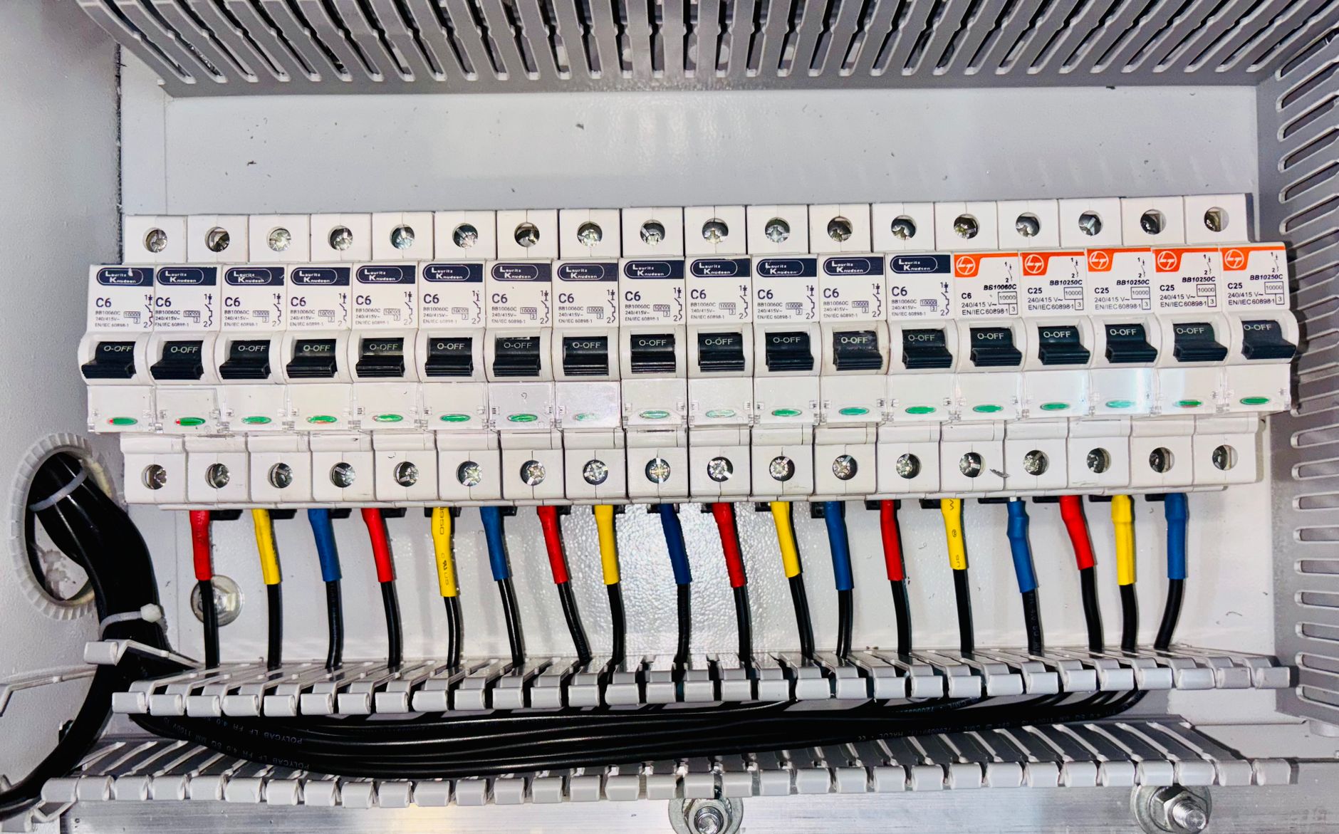 Safety relay panel in an industrial control cabinet